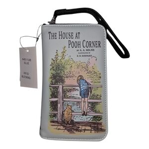 Blue Winnie-the-Pooh Illustration Wristlet Wallet with Strap